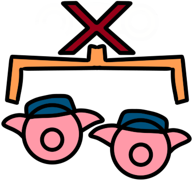 a red 'x' with an orange bracket below it. in the bracket are two cartoon simplistic pig heads wearing blue caps.